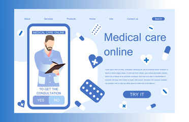 Landing page template of medical care online. Concept of web page design for website and mobile application. Vector illustration.