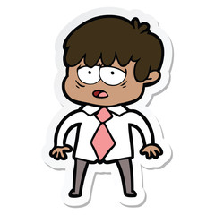sticker of a cartoon exhausted boy