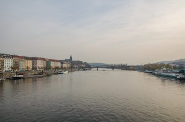 The Vltava river, The Vltava river, Charles bridge and white swans in Prague, Czech Republic in Prague, Czech Republic