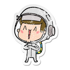 distressed sticker of a happy cartoon astronaut