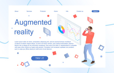 Landing page template of virtual augmented reality glasses concept with man learning and entertaining. Concept of web page design for website and mobile website. Vector illustration.