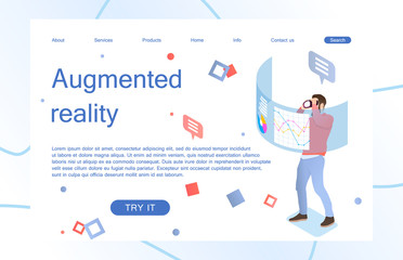 Landing page template of virtual augmented reality glasses concept with man learning and entertaining. Concept of web page design for website and mobile website. Vector illustration.