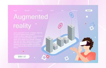 Landing page template of virtual augmented reality glasses concept with man learning and entertaining. Concept of web page design for website and mobile website. Vector illustration.
