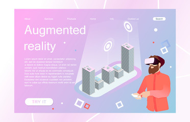 Landing page template of virtual augmented reality glasses concept with man learning and entertaining. Concept of web page design for website and mobile website. Vector illustration.