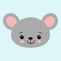 Cute cartoon mouse face. Little kawaii mouse. Vector illustration for children.
