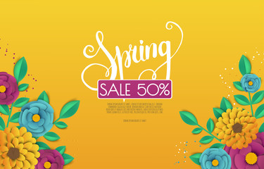Spring sale banner with paper flowers on a white background.