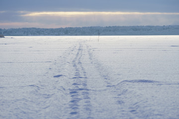 Fototapeta na wymiar Landscape overlooking the winter trail on the lake, sunset