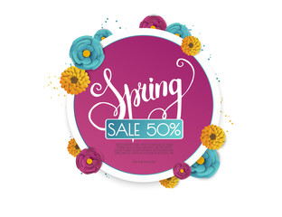 Spring sale banner with paper flowers on a white background.