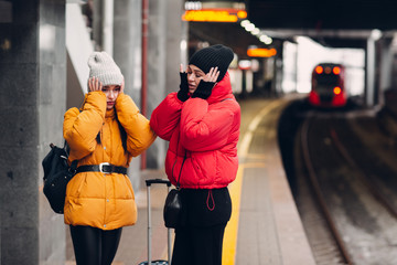 Young female late railway train.