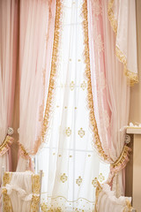 Romantic bedroom with ruffled crepe curtains