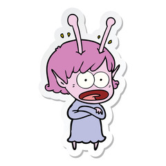 sticker of a cartoon shocked alien girl