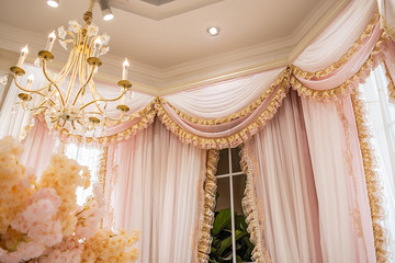 Fantasy Pink Ruffled Yarn Curtains and Crystal Chandeliers