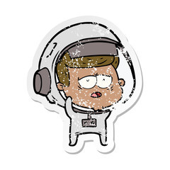 distressed sticker of a cartoon tired astronaut