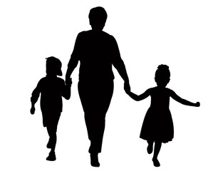mother and children walking, silhouette vector