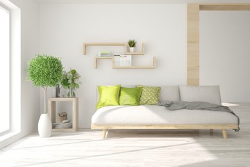 White stylish minimalist room with sofa. Scandinavian interior design. 3D illustration