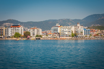 Fototapeta na wymiar Marmaris Turkey, the coastline of the beach view from the sea