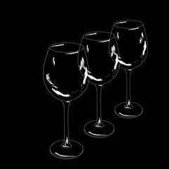 Outlines of three wine glasses lined up in a row. Black and white vector illustration