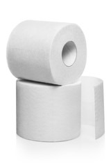 Two rolls of white toilet paper, isolated on white background