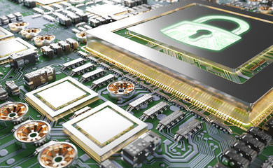 Close-up view of a modern GPU card with padlock protection 3D rendering