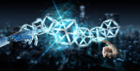White robot hand creating future technology structure 3D rendering