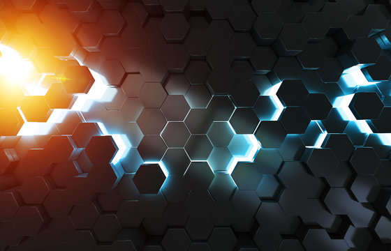Glowing black blue and orange hexagons background pattern on metal surface 3D rendering
