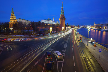 View of the Moscow Kremlin at night, the road