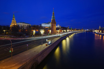 View of the Moscow Kremlin at night, road, landscape