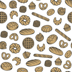 Bakery vector seamless pattern with engraved elements. Background design with bread, pastry, pie, buns, sweets, cupcake. Collection of modern linear graphic, food hand drawn sketches for bakery shop.