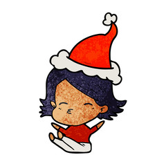 textured cartoon of a woman sitting wearing santa hat