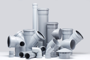 Plumbing, sewage. Gray polypropylene tubes on a white background in futuristic style - obrazy, fototapety, plakaty