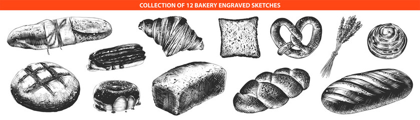Vector engraved style bakery and bread collection for posters, decoration and print, logo. Hand drawn sketches of monochrome isolated on white background. Detailed vintage woodcut style drawing.