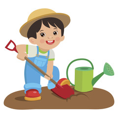 Cute Cartoon Boy With Shovel. Young Farmer Working In The Garden Colorful Simple Design Vector. Spring Gardening.