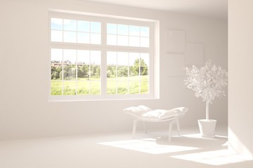 Stylish room in white color with armchair and green landscape in window. Scandinavian interior design. 3D illustration