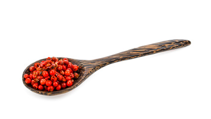 dried pink peppers in wood spoon isolated on white background