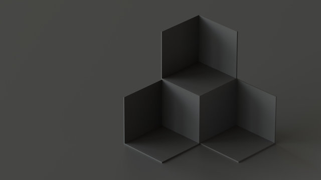 Black cube boxes backdrop display on black background. 3D rendering.