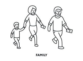 Isometric Family. Father Man, Mother Woman Mom and Little Son Walking. Hand Holding Smartphone. Vector Flat Line Stroke Icon Character.