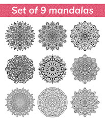 Mandala set. Indian antistress medallion. Abstract islamic flower, arabic henna design, yoga symbol