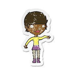 retro distressed sticker of a cartoon happy woman