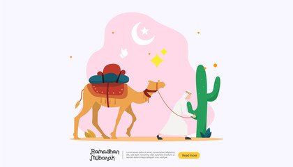 happy ramadan mubarak greeting concept with people character for web landing page template, banner, presentation, social, and print media. islamic eid fitr or adha flat design vector illustration