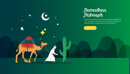 happy ramadan mubarak greeting concept with people character for web landing page template, banner, presentation, social, and print media. islamic eid fitr or adha flat design vector illustration