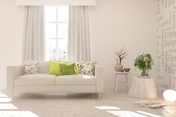 Fototapeta premium White stylish minimalist room with sofa. Scandinavian interior design. 3D illustration