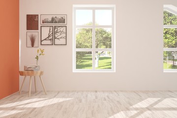 Coral stylish empty room with summer landscape in window. Scandinavian interior design. 3D illustration