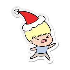 sticker cartoon of a stressed man wearing santa hat
