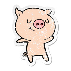 distressed sticker of a happy cartoon pig