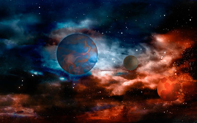 Obraz na płótnie Canvas Planeten im rotglühenden Universum