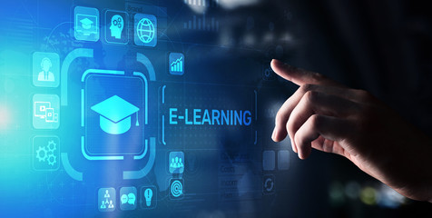 E-learning, Online education, internet studying. Business, technology and personal development concept on virtual screen.