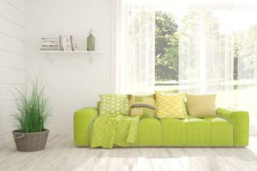 White stylish minimalist room with sofa and summer landscape in window. Scandinavian interior design. 3D illustration