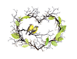 Heart shape with twigs, spring leaves and two birds. Watercolor floral wreath for wedding