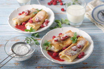 Cheese blintzes pancakes with fresh fruit
