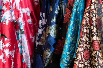 many japanese kimono dress at the market - obrazy, fototapety, plakaty